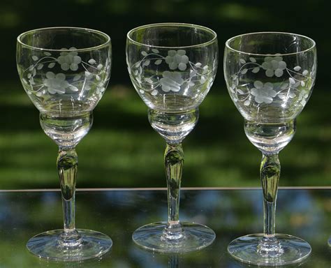fabulous vintage floral etched wine glasses set of 3 antique wine glasses tall etched wine