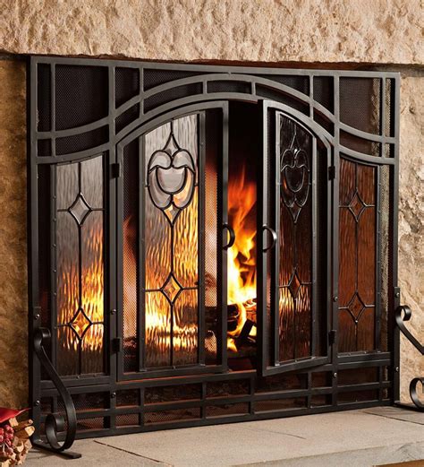 Small Two Door Fireplace Screen With Glass Floral Panels Black Plowhearth