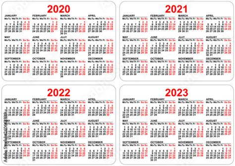 2020 2021 2022 2023 Years Set Pocket Calendar Grid Template