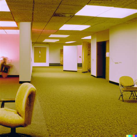 A 1990s Photograph Of A Creepy Yellow Endless Empty Office With Moist
