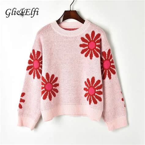 buy women sweater sun flowers jacquard 2018 autumn winter casual sweet lady