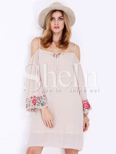 Apricot Long Sleeve Cold Shoulder Embroidered Dress Sheinsheinside