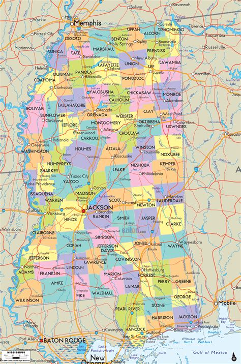 Detailed Map Of Mississippi State Usa Ezilon Maps