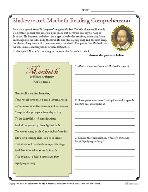 Shakespeares Macbeth Reading Comprehension Worksheet Macbeth Lessons
