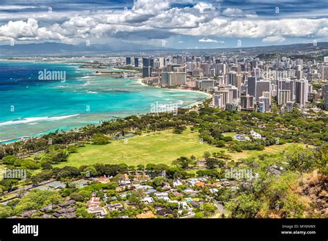 Panorama View Over Honolulu From Diamond Head On Oahu Hawaii Stock