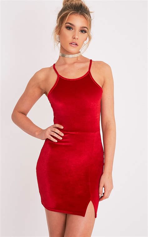 Aniqah Red Velvet Split Detail Bodycon Dress Dresses