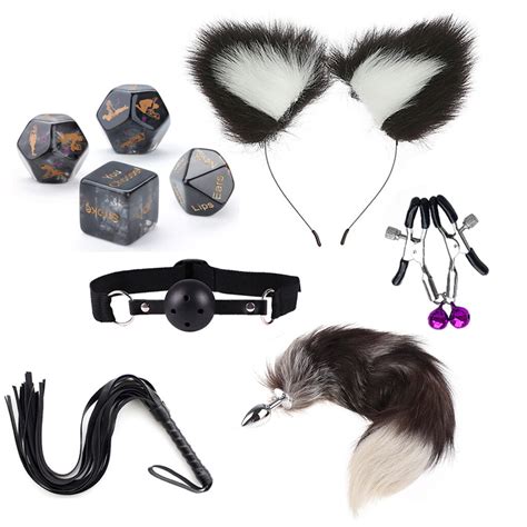 9pcs furry anal plug tail and headband ears whip dice ball gag nipple clamps for cosplay adult