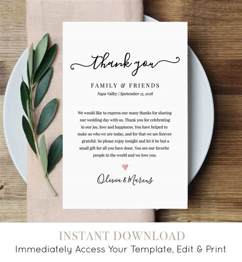 Wedding Thank You Letter Thank You Note Printable Wedding In Lieu Of Favor Card Fully