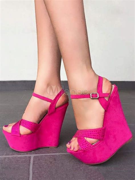 Women Shoes Fuchsia Wedge Sandals Platform Open Toe Buckle Detail