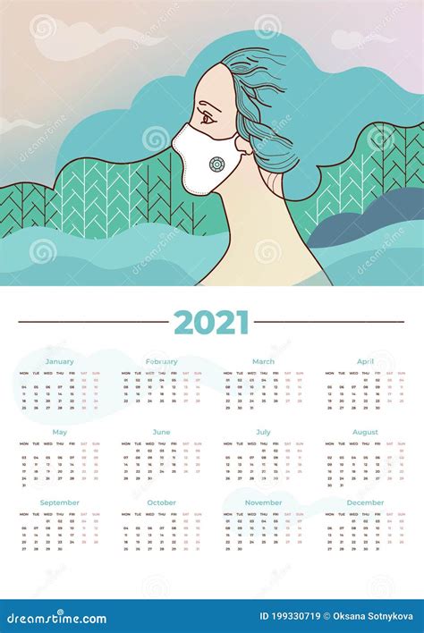 Vector Calendar 2021 Printable A3 Template Stock Illustration