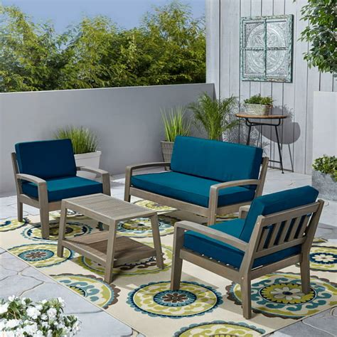 4pc Teal Blue And Gray Traditional Outdoor Patio Conversation Set With