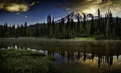 Photo Reflection Lake Mount Rainier National Park Sunset Free
