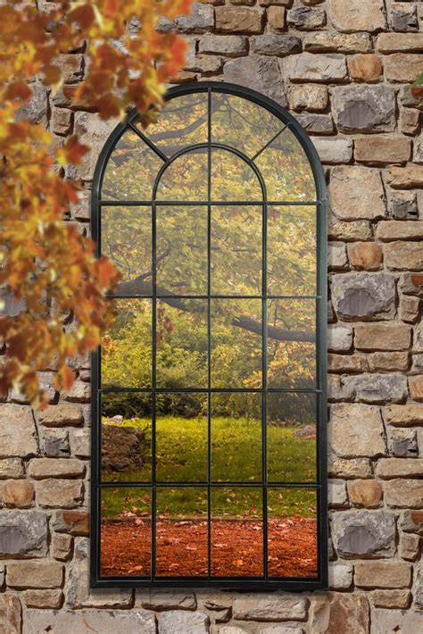 New Black Multi Panelled Arched Window Garden Outdoor Mirror 4ft7 X
