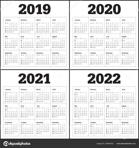 Hier finden sie kostenlose kalender 2022 für hessen mit gesetzlichen feiertagen und kalenderwochen. Year 2019 2020 2021 2022 Calendar Vector Design Template ...
