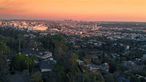 Aerial City View Los Angeles Sunset Flying Hollywood Hills Downtown La