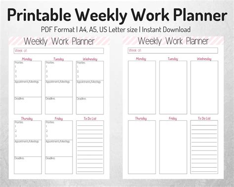 Weekly Work Organizer Weekly Planner Work Planner Printable Etsy