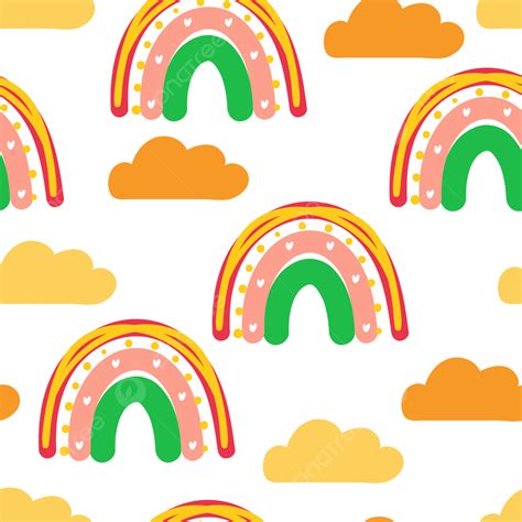 Seamless Pattern Cute Cartoon Boho Rainbow And Orange Clouds Seamless