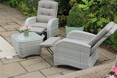 Reclining Rattan Garden Sun Lounger Set With Table And Footstools Dark Grey Aspen
