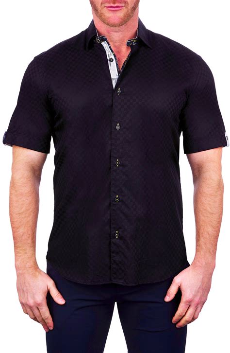 Maceoo Cotton Galileo Pepper Black Short Sleeve Button Up Shirt For Men