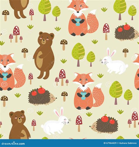 Forest Seamless Pattern With Cute Animals Stock Vector Illustration