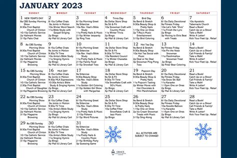 Grace Health And Rehab Center January Activity Calendar