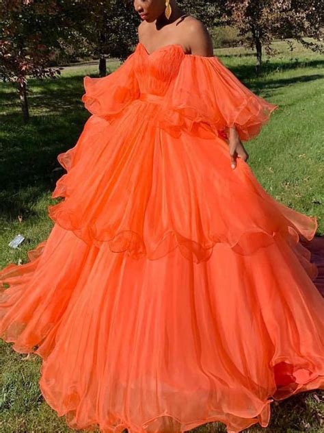 long sleeve prom dresses ball gown sweetheart orange tulle long prom d anna promdress