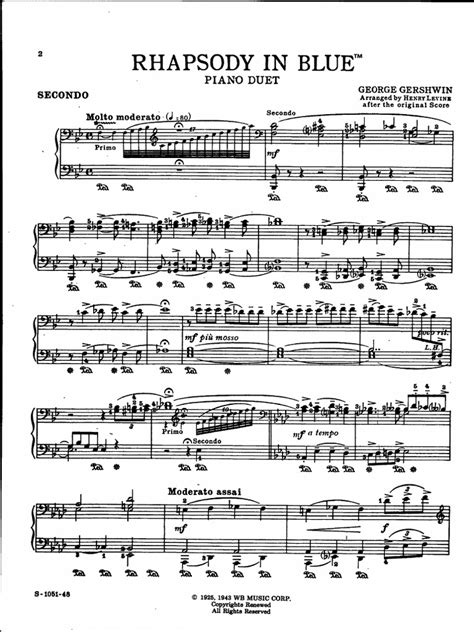 Gershwin George Rhapsody In Blue 1 Piano 4 Hands Complete Score