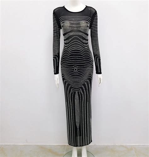 Stunning Beaded Rhinestone Mesh Maxi Dress Sheer Black Glitz Bandage