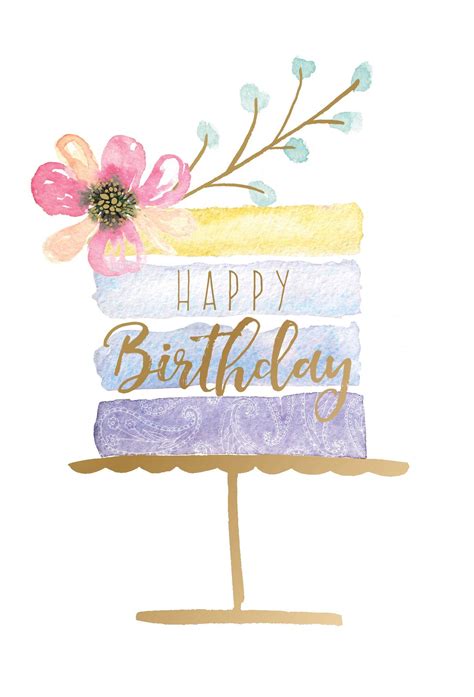 Birthday Card With A Beautiful Watercolor Striped Cake With Glitter And