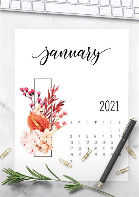 Floral 2021 Calendar Printable One Page