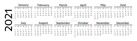 Calendario Horizontal Para 2021 Aislado En Un Fondo Blanco Ilustración Del Vector Ilustración