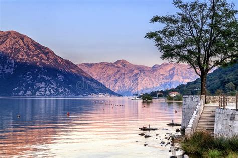 Sunset Over Kotor Bay In The Village Of Montenegro Pink Mountains And