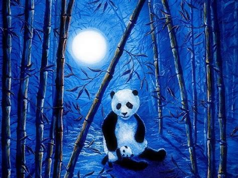 Pandas In Bamboo Forest Panda Moon Bear Bamboo Night Hd Wallpaper
