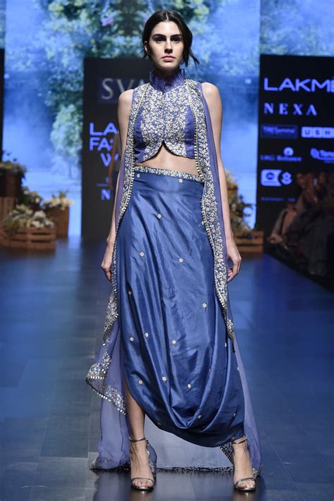 Buy Blue Cowl Draped Skirt With Embroidered Blouse And Cape For Women