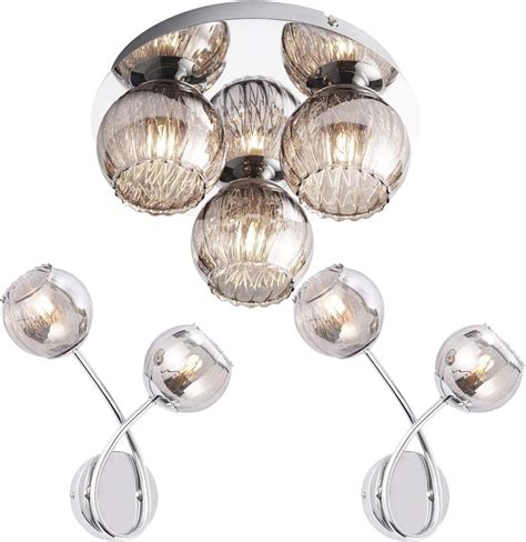 Flush 3 Bulb Ceiling And 2x Twin Wall Light Pack Chrome And Smoked Mirror