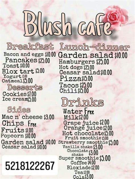 Blush Cafe Menu Not Mine Bloxburg Decal Codes Cafe Sign Roblox Codes