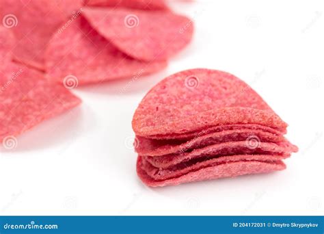 Pink Potato Chips Isolated On White Background Stock Image Image Of