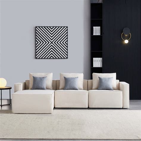 Minimalist Modern Sectional Sofa With Chaise Light Cream Upholstery