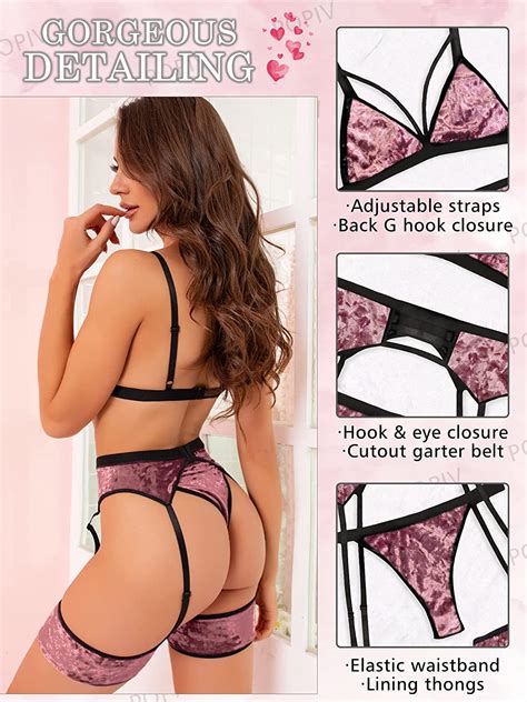 Popiv Women Sexy Lingerie Strappy Lace Garter Lingerie Sets High Waisted Sheer Mesh Lingerie