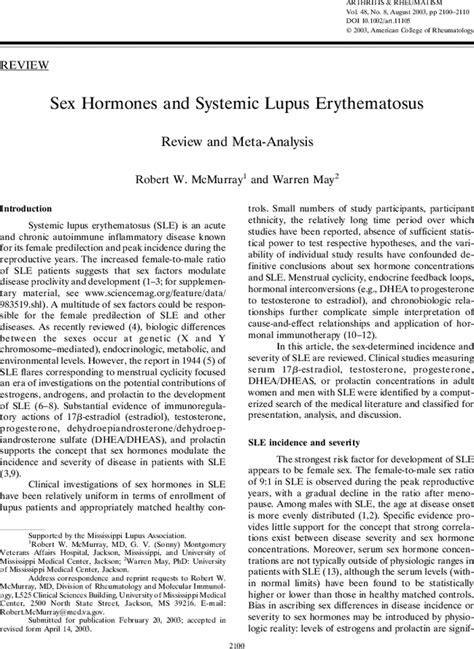 Sex Hormones And Systemic Lupus Erythematosus Review And Meta‐analysis