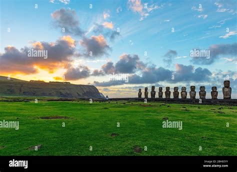 The Moai Statues Of Ahu Tongariki At Sunrise Rapa Nui Easter Island