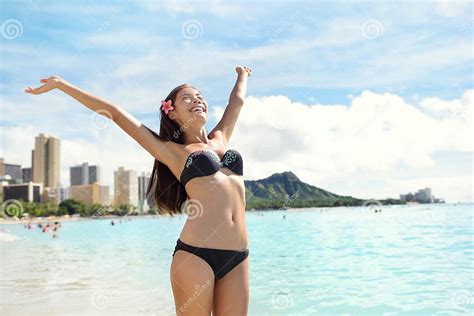 Beach Woman In Bikini On Waikiki Oahu Hawaii Stock Image Image Of Ocean Asian 48916657