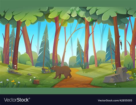 Forest Glade With Greenery And Wild Animal Bear Vector Image