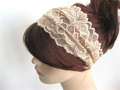 Wide Lace Headband Beige Taupe Flowers Head Wrap Womens Hairband Hair