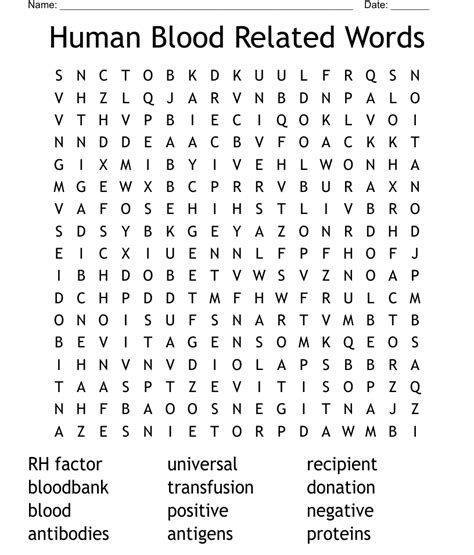 Human Blood Related Words Word Search Wordmint