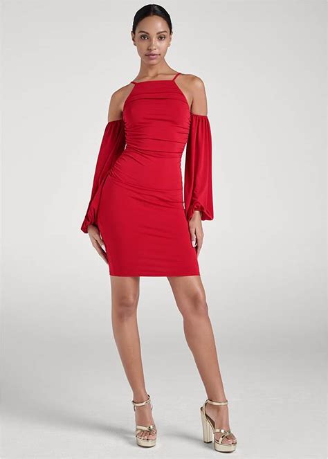 Cold Shoulder Ruched Dress In Red Venus