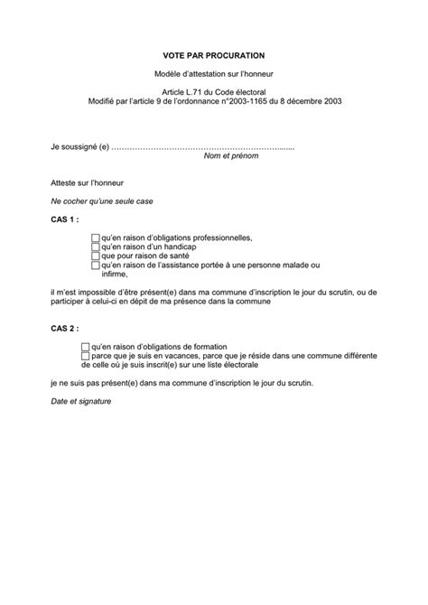 Vote par procuration modèle dattestation sur lhonneur DOC PDF