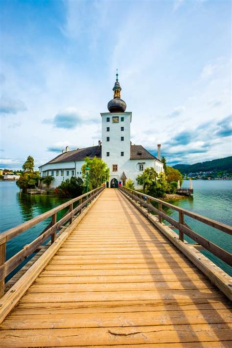 Wooden Bridge To The Schloss Ort Castle In Gmunden Austria Stock Photo