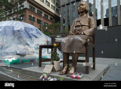 Seoul South Korea The Statue Of Peace Also Called Comfort Woman Statue Sits Facing Japanese