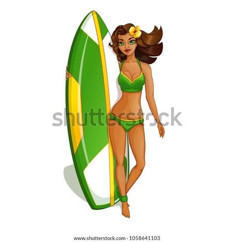 Beautiful Surfer Girl Green Swimsuit Standing Stock Vector Royalty Free